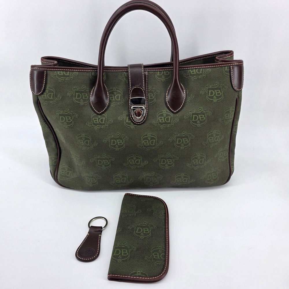 Dooney & Bourke Monogram‎ Canvas Tote Bag Green Brown Leather Trim Set 3pc